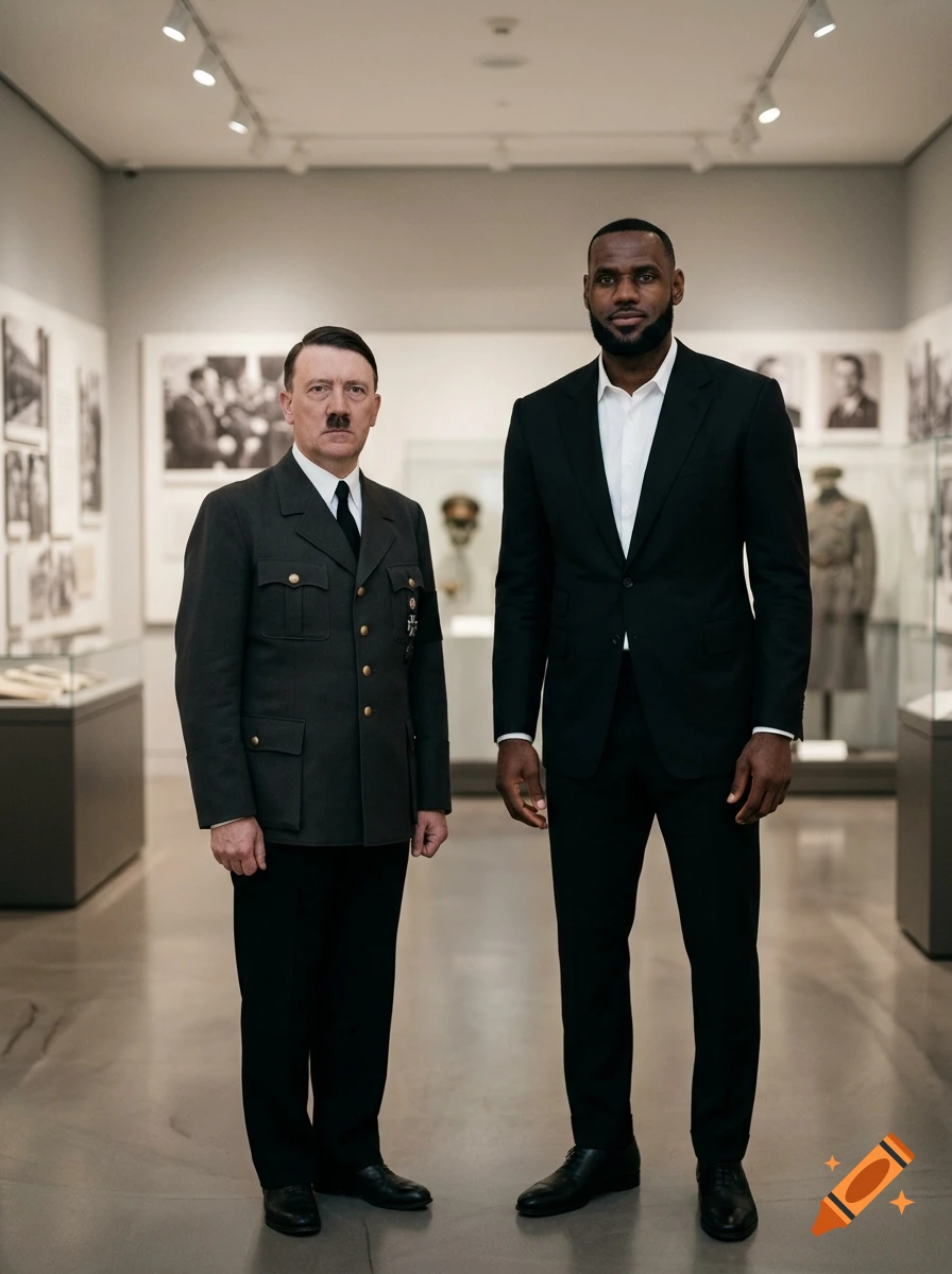 Photorealistic image of Adolf Hitler standing next to LeBron James in a museum setting.