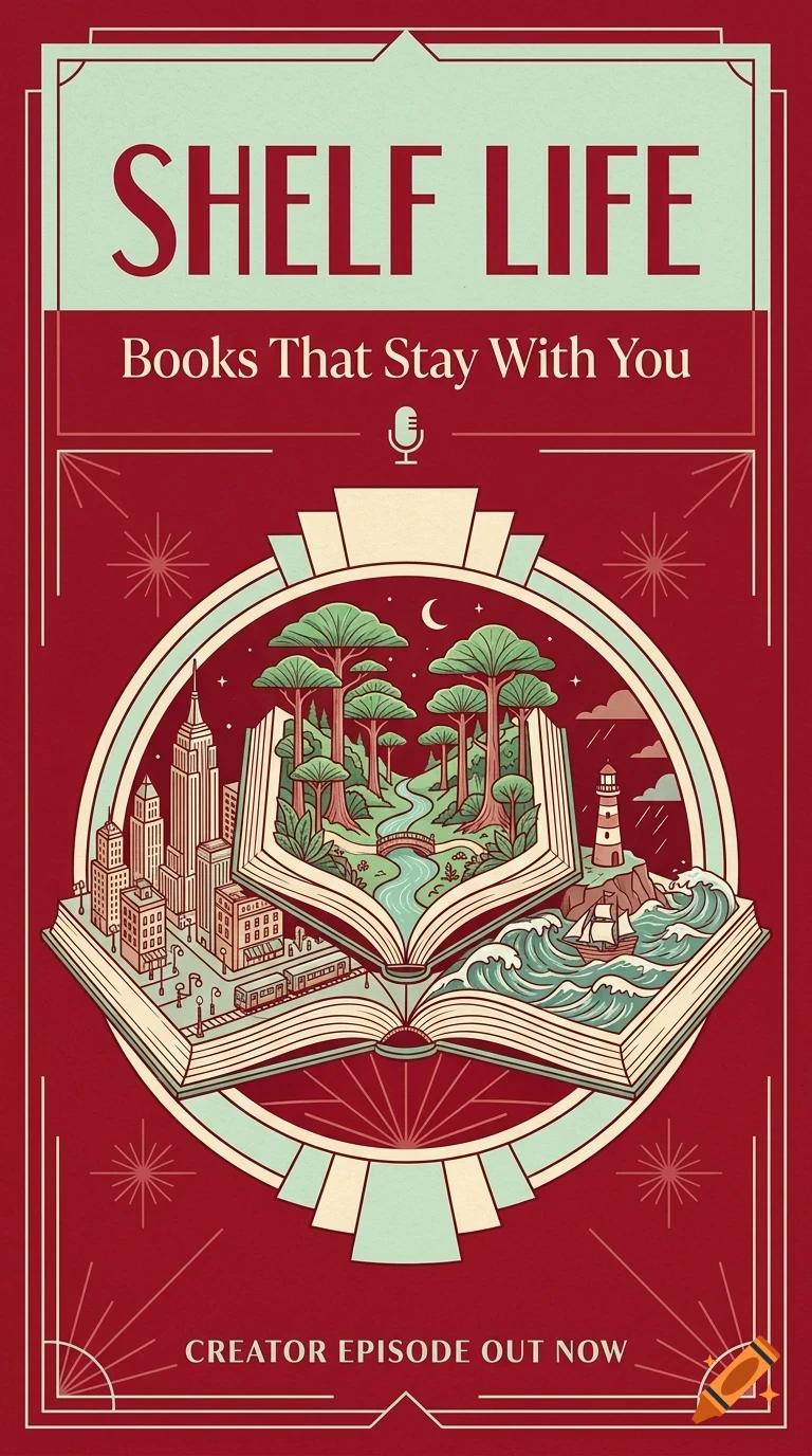 An illustration of an open book featuring a miniature city, forest with a river, and a lighthouse with ocean waves, with the text 'SHELF LIFE' and 'Books That Stay With You'.