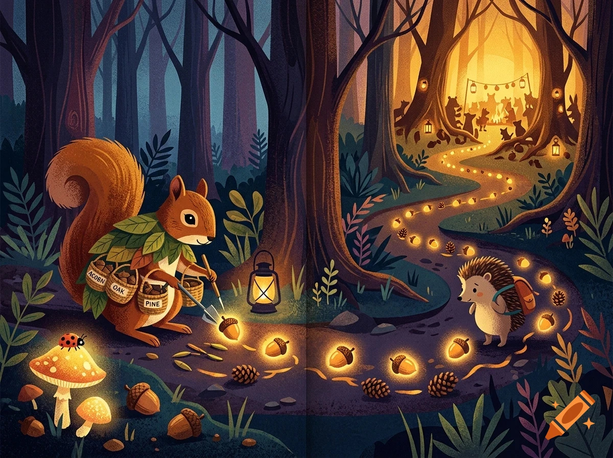 An illustrated woodland scene at night with a squirrel and hedgehog near a glowing trail of acorns, surrounded by trees and lanterns.
