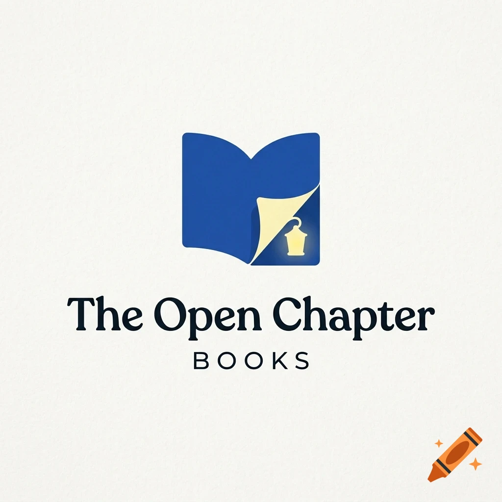 A logo for The Open Chapter Books featuring an open blue book with a glowing lantern icon under the page curl, and the text below.