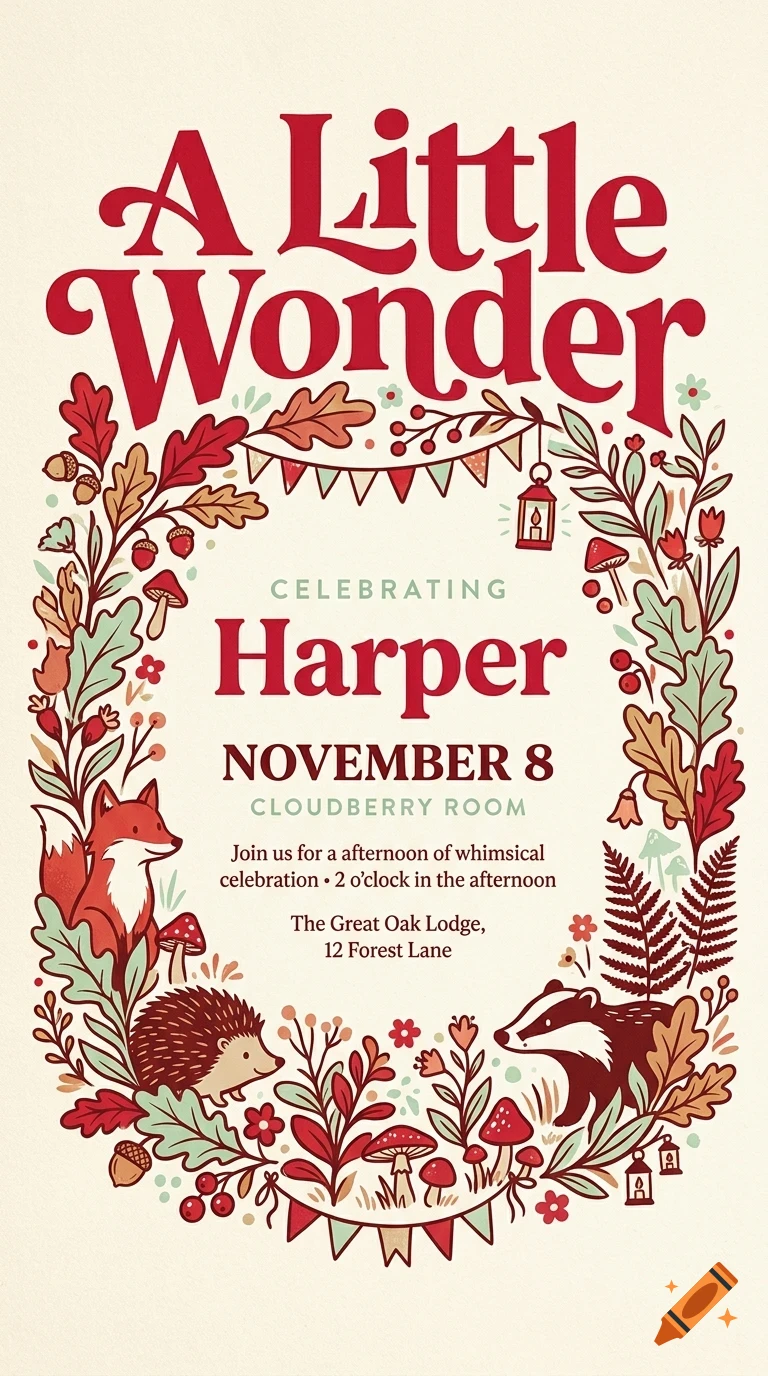 An illustrated invitation with the text A Little Wonder, featuring a floral and woodland animal wreath containing a fox, hedgehog, and badger, with details for celebrating Harper on November 8.