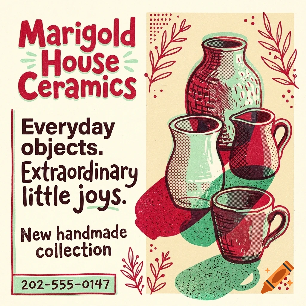 An illustrated advertisement for Marigold House Ceramics showing four ceramic vessels with red and green halftone patterns and text.