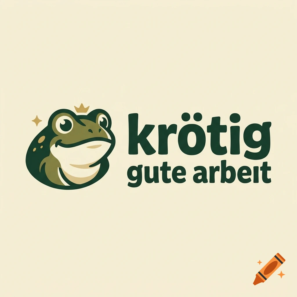Logo featuring a green frog head with a small crown and the text 'krötig gute arbeit'.