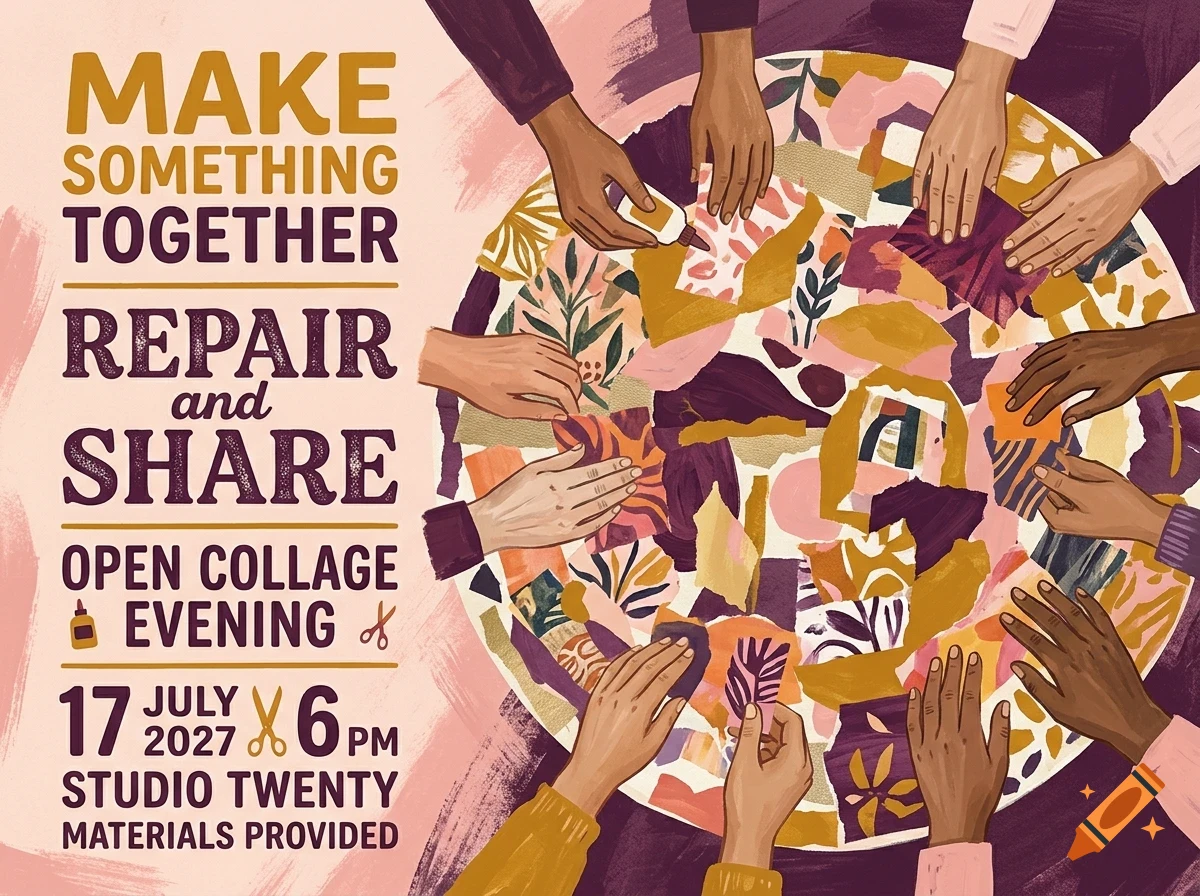 An illustrated poster showing multiple hands working together on a collage around a round table, with text reading Make Something Together Repair and Share Open Collage Evening.