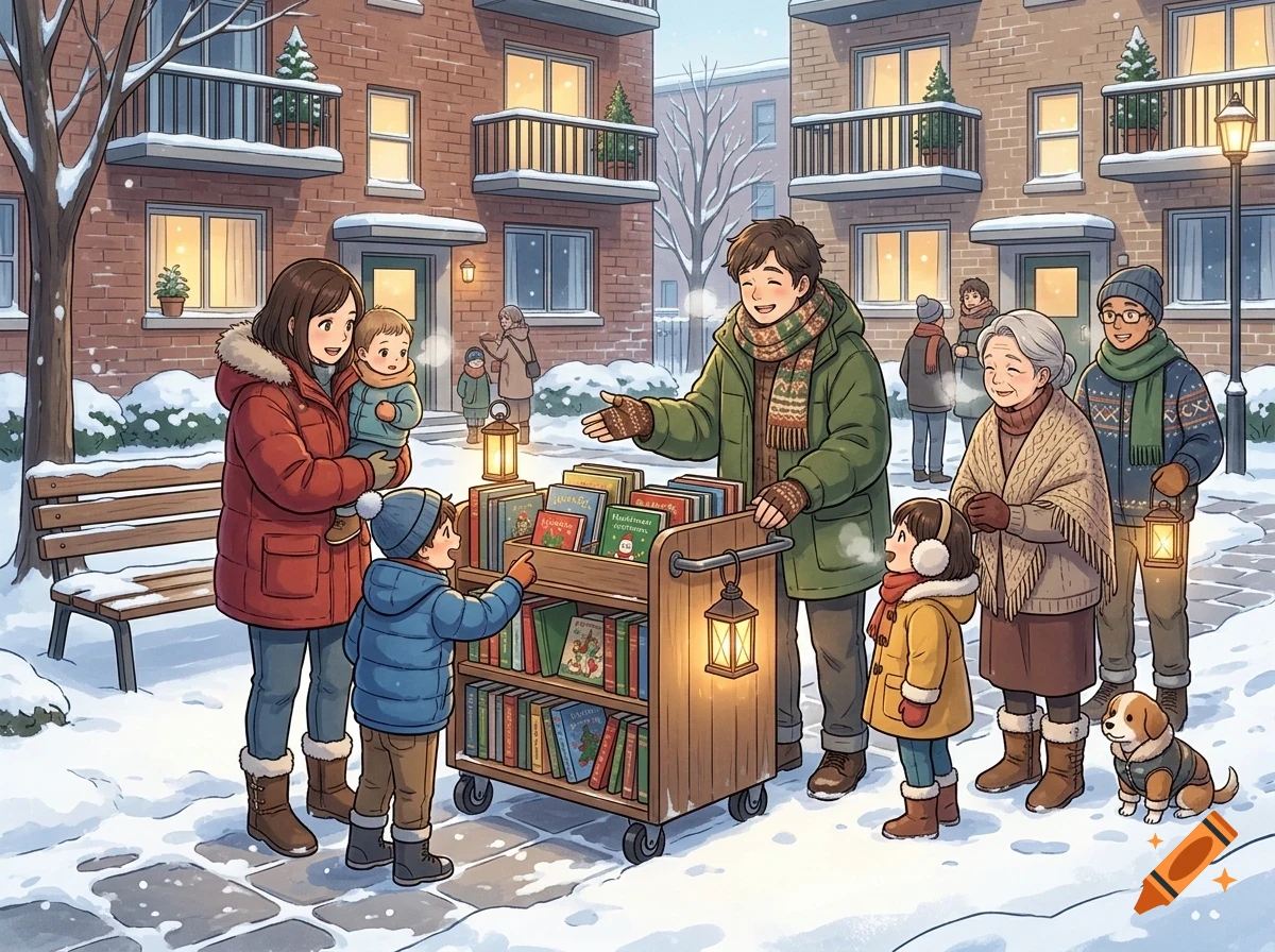 People in winter clothing gathering around a mobile book cart on a snowy city street, with brick buildings in the background.