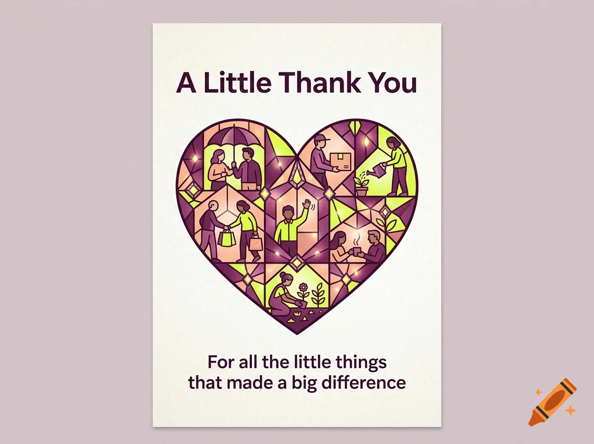 A greeting card with the text A Little Thank You and For all the little things that made a big difference, featuring a heart-shaped stained glass illustration of people helping each other.