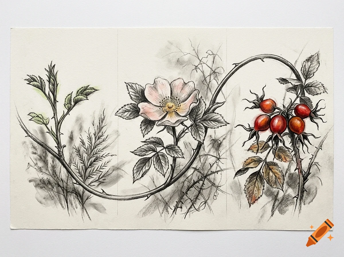 Botanical illustration of a rose plant showing green shoots, a pink flower, and red rose hips.