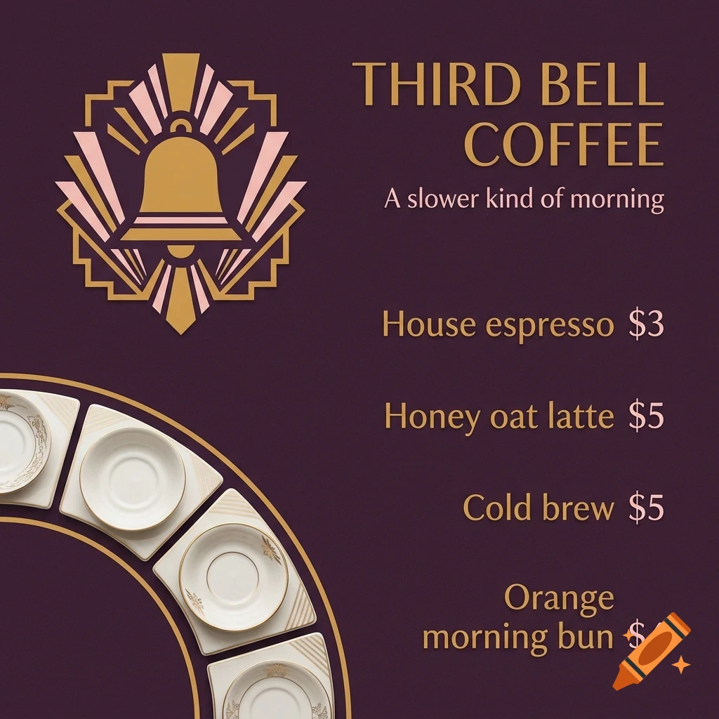 An art deco style coffee menu graphic with a bell emblem, saucers along a curve, and text for Third Bell Coffee items.
