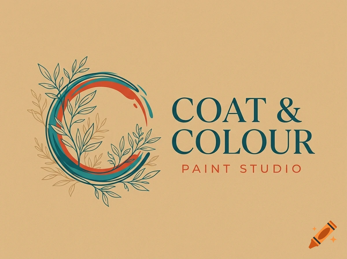 Logo for Coat & Colour Paint Studio featuring a circular brushstroke design surrounded by leaves, next to the text 'COAT & COLOUR PAINT STUDIO' on a tan background.