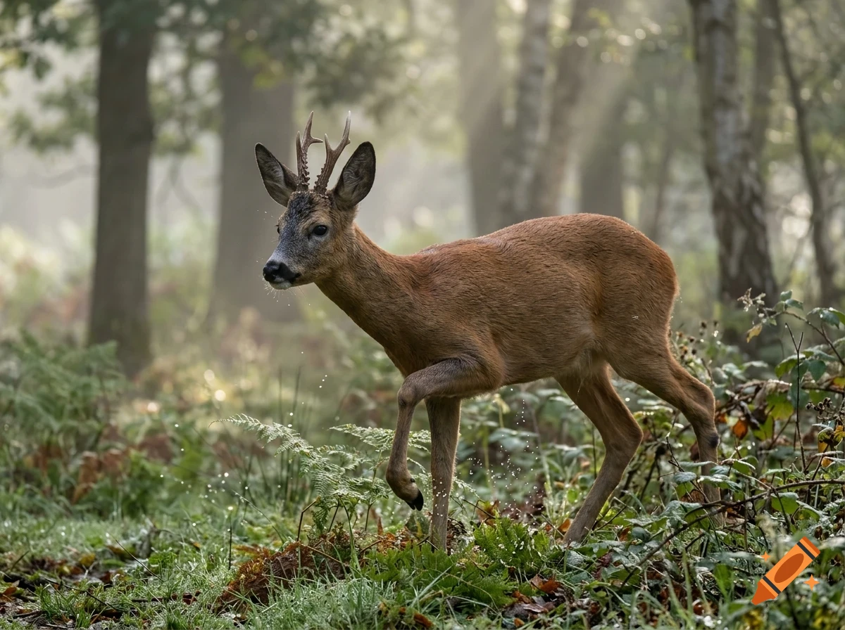 A roe deer buck walking through a misty green forest with sunbeams filtering through the trees.