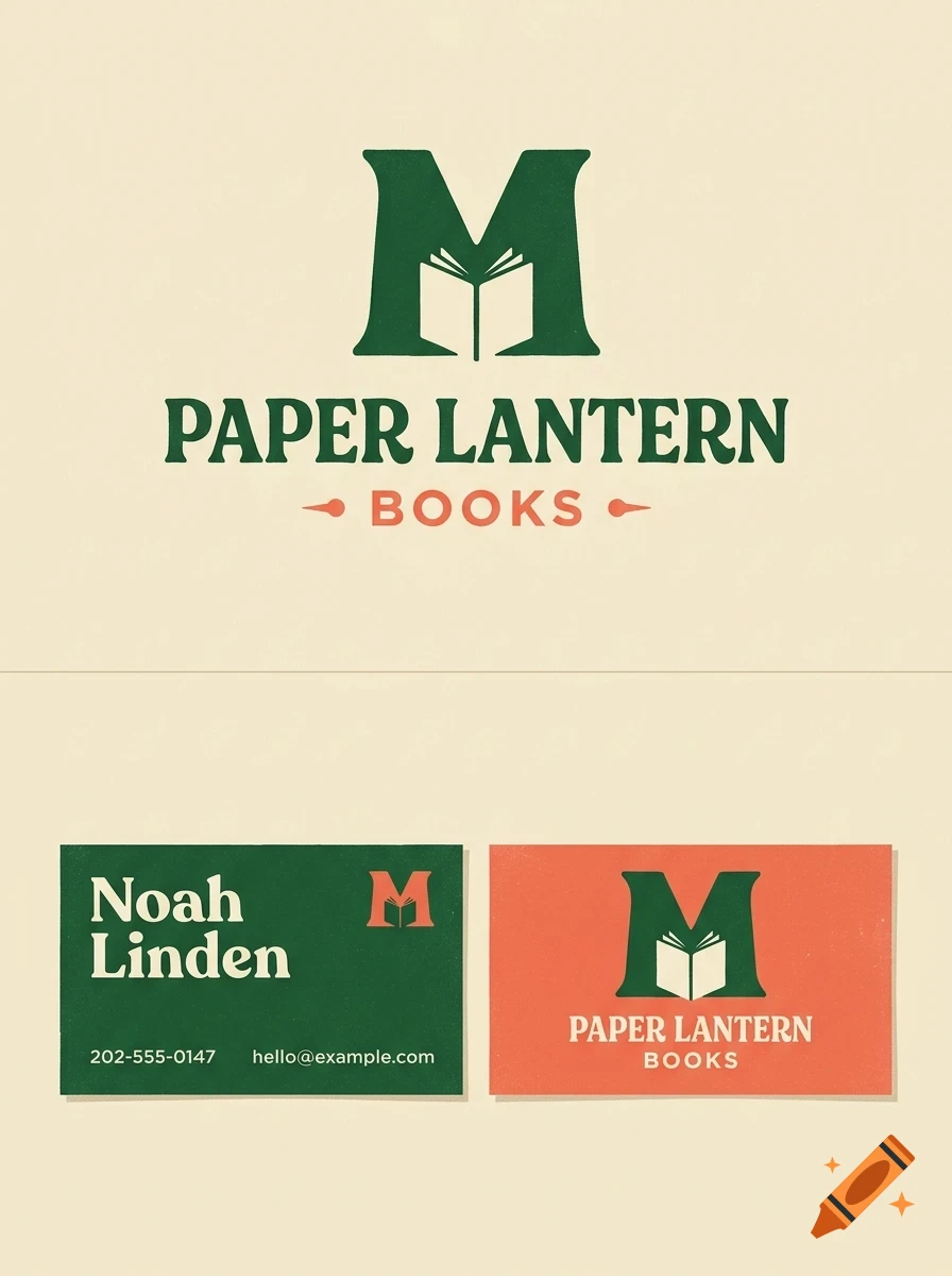 Branding design for Paper Lantern Books with a logo featuring a stylized letter M incorporating an open book, accompanied by business cards.