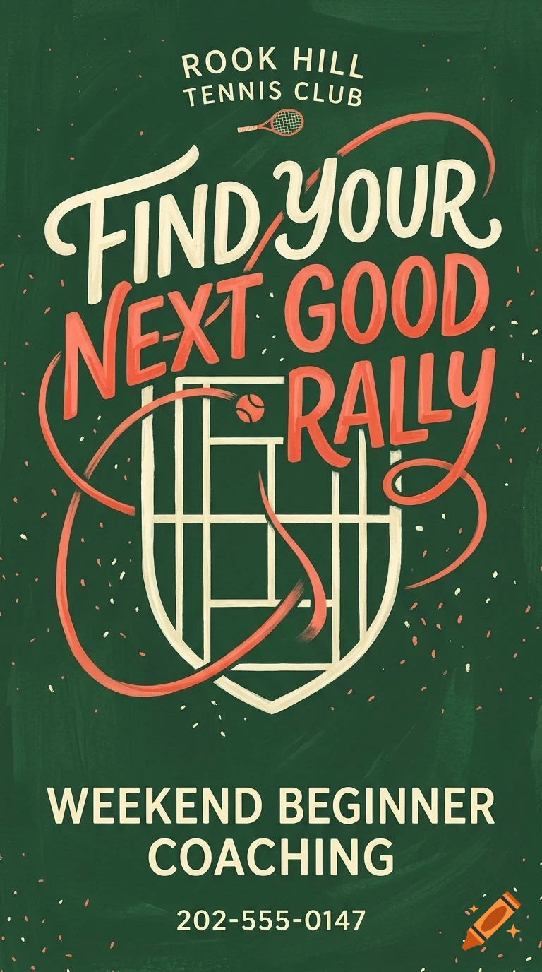 A poster with green background and white and orange lettering reading Rook Hill Tennis Club, Find Your Next Good Rally, Weekend Beginner Coaching, and a phone number.
