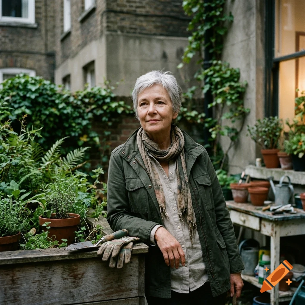 An older woman with short grey hair and a green jacket posing in a lush garden with potted plants.