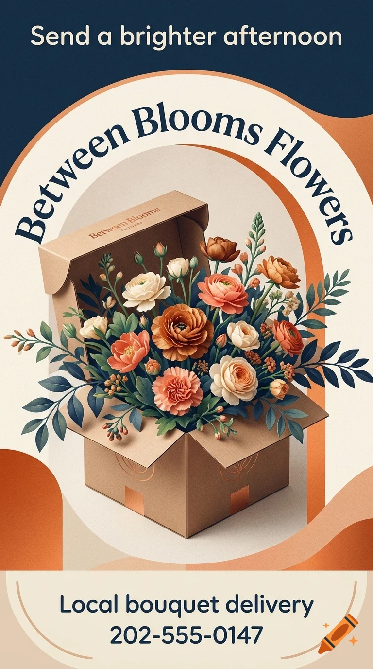 An advertisement for Between Blooms Flowers featuring an open cardboard box filled with peach and white flowers, with the text 'Send a brighter afternoon' and 'Local bouquet delivery 202-555-0147'.