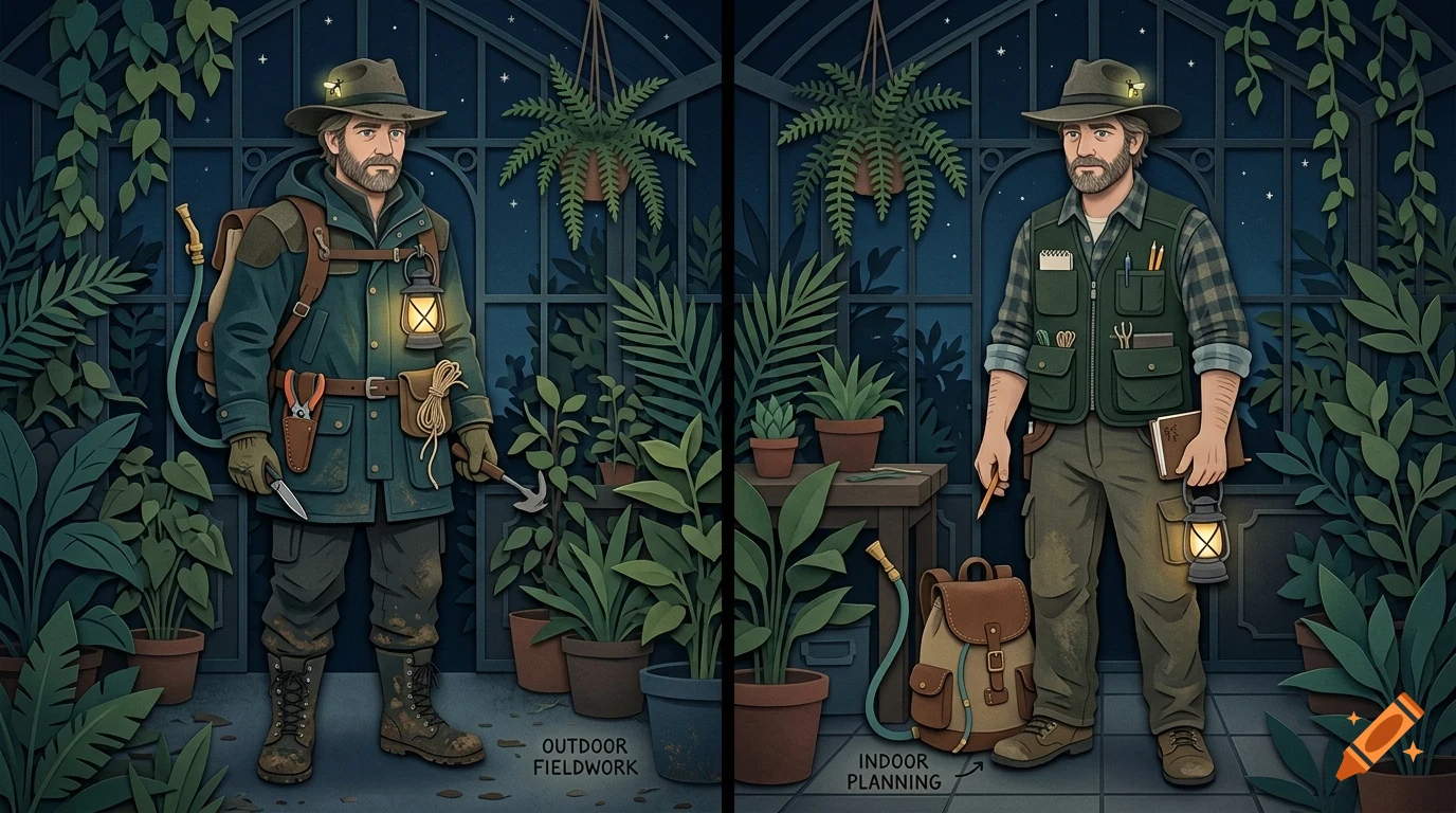 An illustrated comparison of a bearded man in a greenhouse, showing outdoor fieldwork on the left and indoor planning on the right.