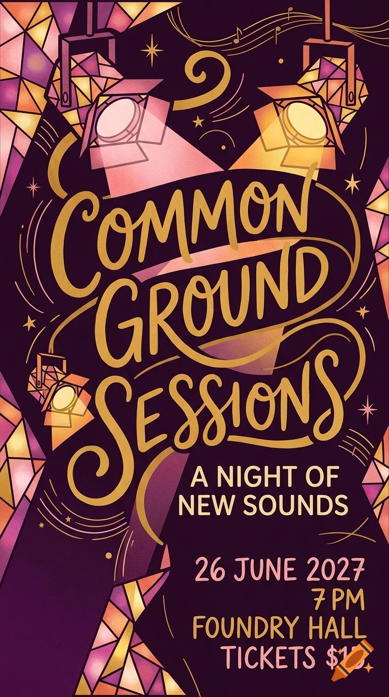 An artistic poster for Common Ground Sessions featuring decorative lettering, spotlights, and geometric patterns.