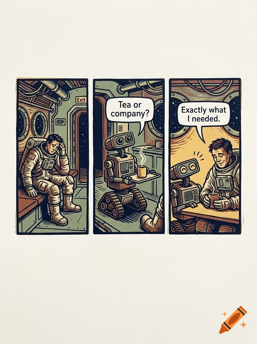 A three-panel comic strip shows a tired astronaut in a spaceship interior being served tea by a helpful robot, ending with them sharing a drink.