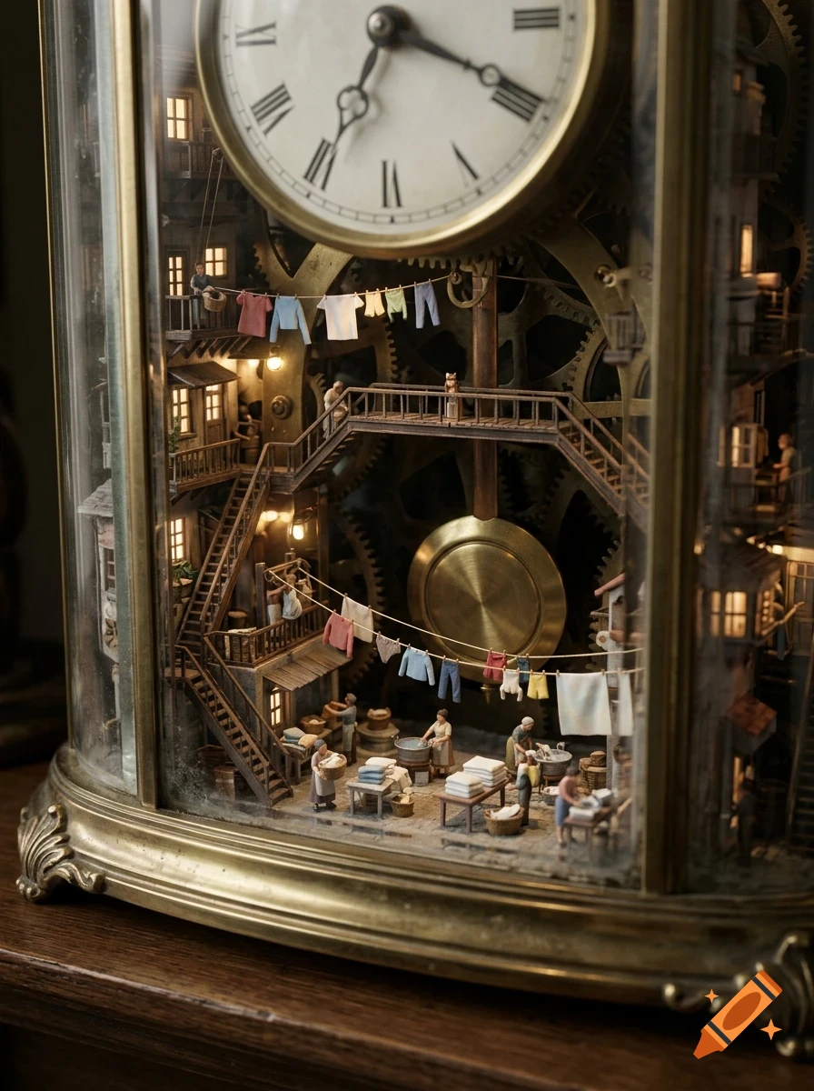 A miniature diorama inside a brass clock housing, depicting a tiny town built around clock gears with miniature figures doing laundry and working.