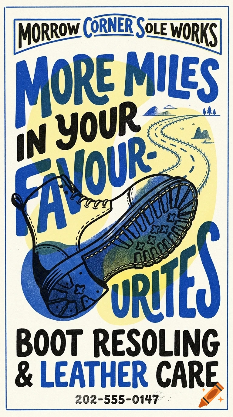 An illustrated poster advertising boot resoling featuring a boot sole and text reading 'More miles in your favourites'.