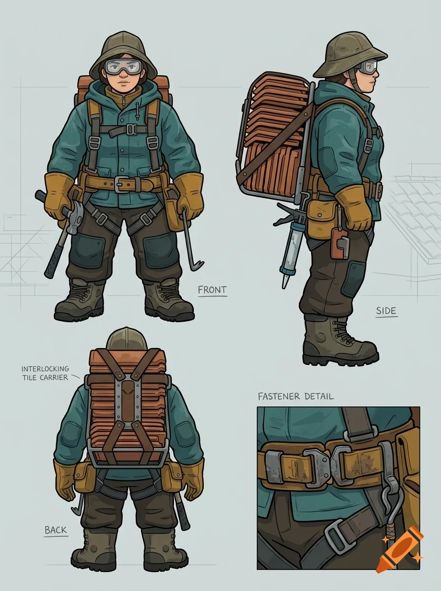 Character design sheet showing front, side, and back views of a worker in protective gear carrying a tile carrier, with a detail inset of the belt.