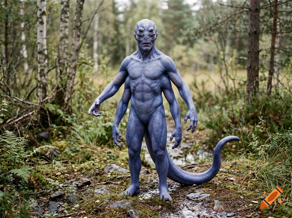 Photorealistic blue-violet alien with five eyes, six arms, and a tail, standing in a forest path.