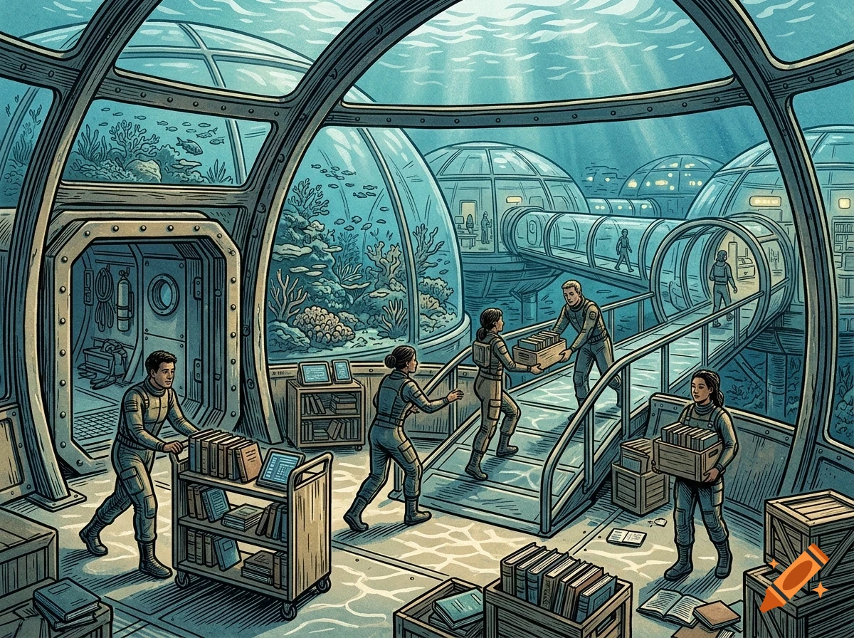 An illustration of people working inside an underwater city with glass domes, moving boxes and books.