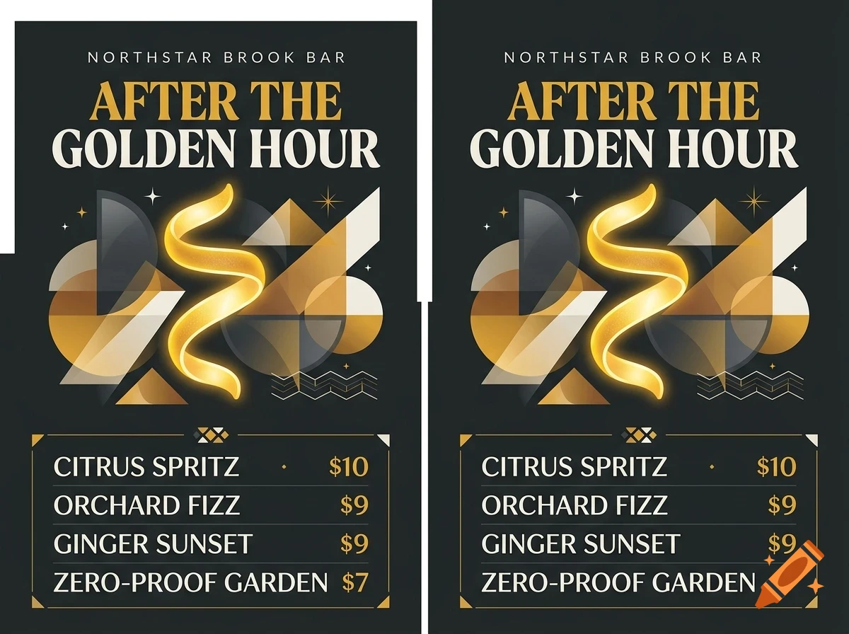 A poster for Northstar Brook Bar featuring the text 'After the golden hour', abstract golden geometric designs, and a cocktail menu with prices.