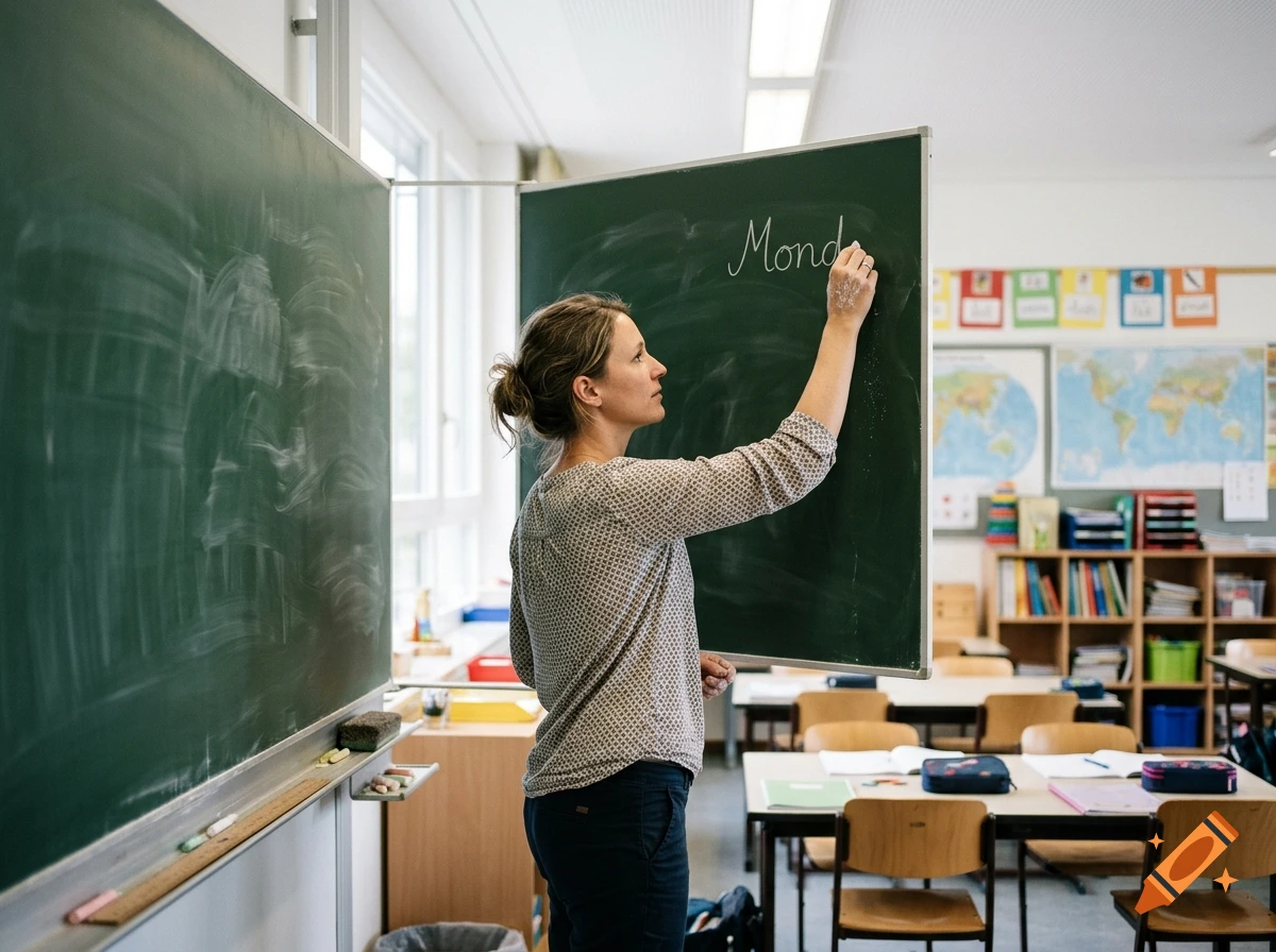 Photorealistic image of a female teacher writing 'Mond' on a green chalkboard in a bright classroom.