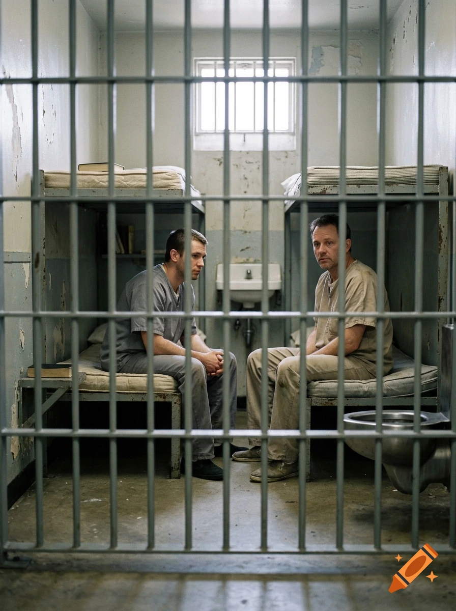 Photorealistic image of two men in grey prison uniforms sitting inside a jail cell behind iron bars.