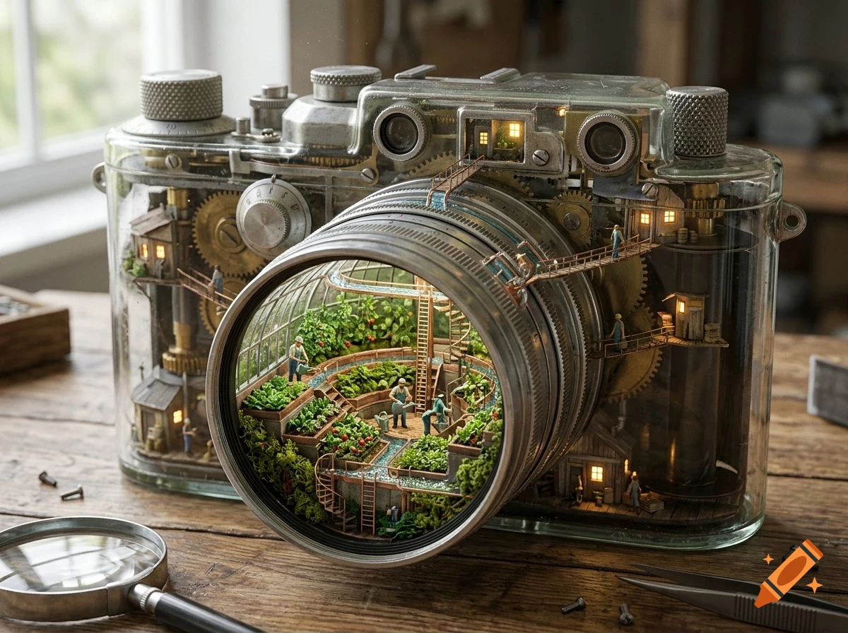 A miniature diorama inside a transparent vintage camera, showing tiny people tending to a greenhouse garden within the lens and small houses with warm lights among internal gears.