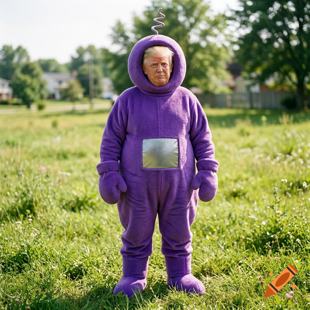 Photorealistic image of Donald Trump standing in a grassy field wearing a purple Teletubbie costume.