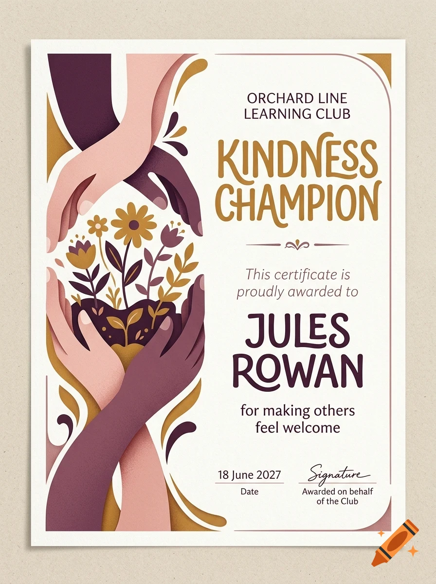 An award certificate featuring stylized hands cupping flowers and text reading Kindness Champion.