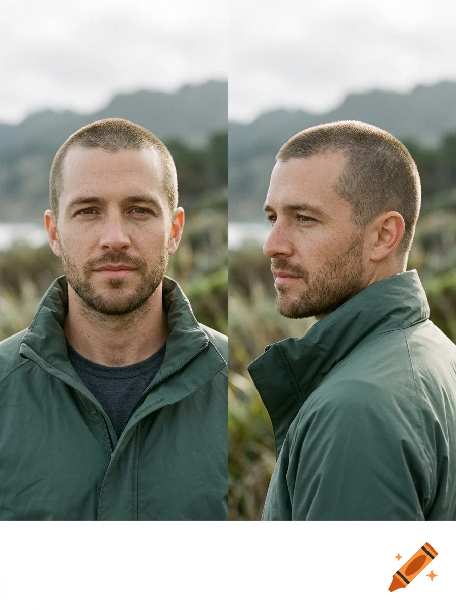 Portrait of a man with short hair and stubble, wearing a green jacket outdoors, shown from front and side angles.