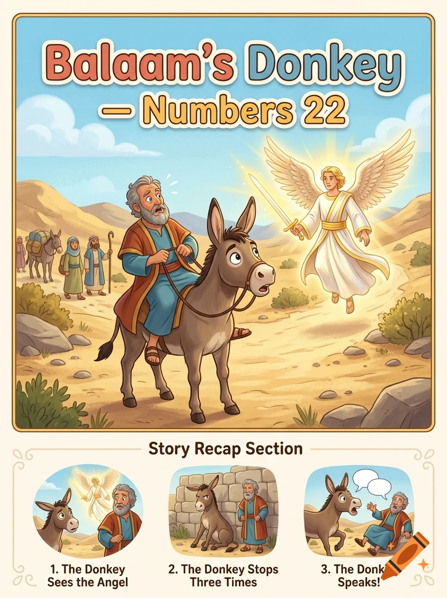 Digital illustration of Balaam riding a donkey, encountering an angel with a sword in a desert landscape, styled as a children's bible story flyer.