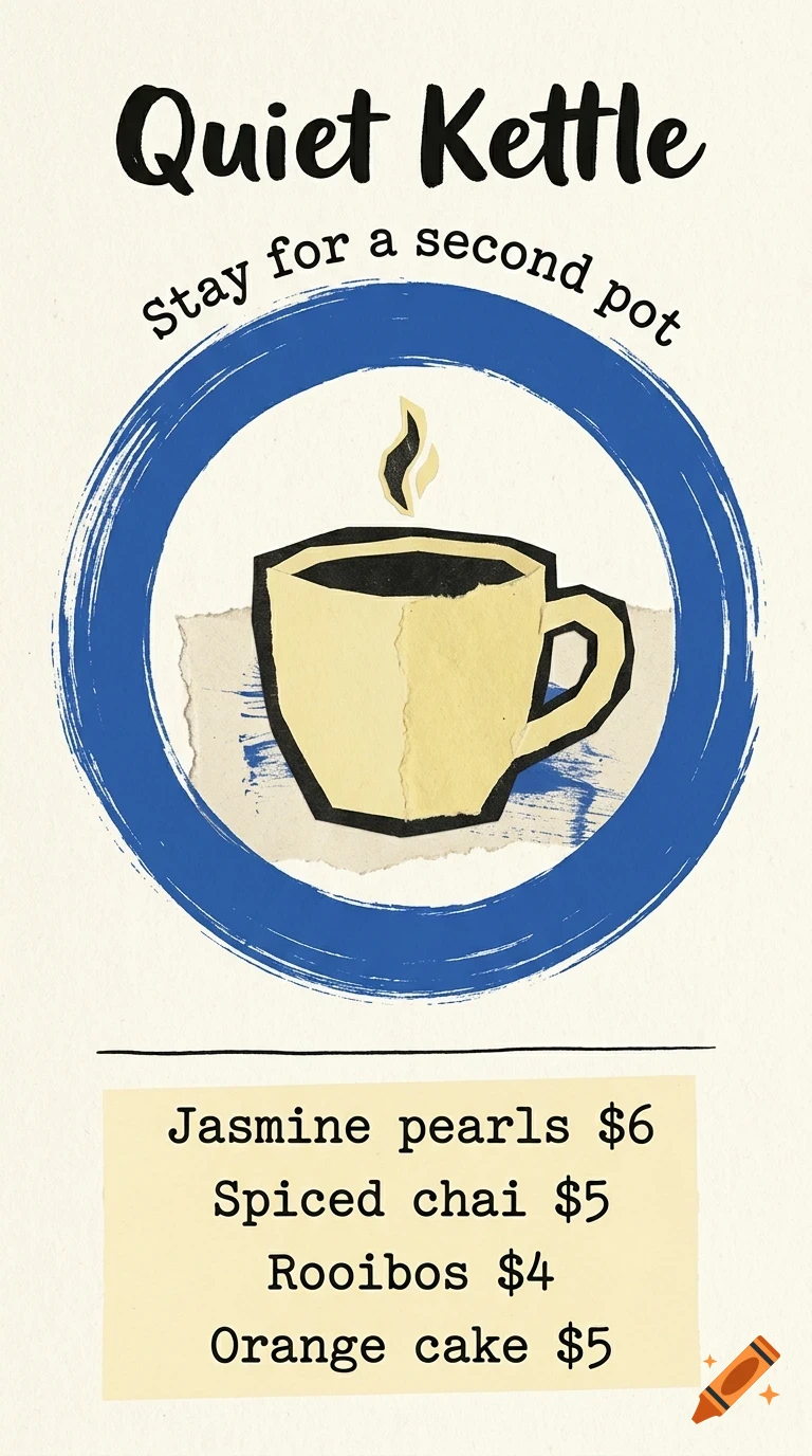 An illustrated menu sign for Quiet Kettle featuring a cup of tea inside a blue circle, with text listing tea and cake prices.