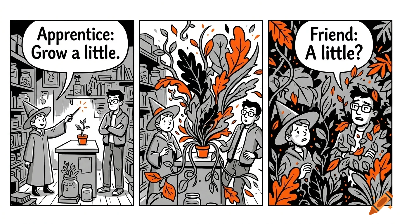 A three-panel comic strip showing a young wizard casting a spell on a potted plant, which grows into a massive overgrown bush, surprising the characters.