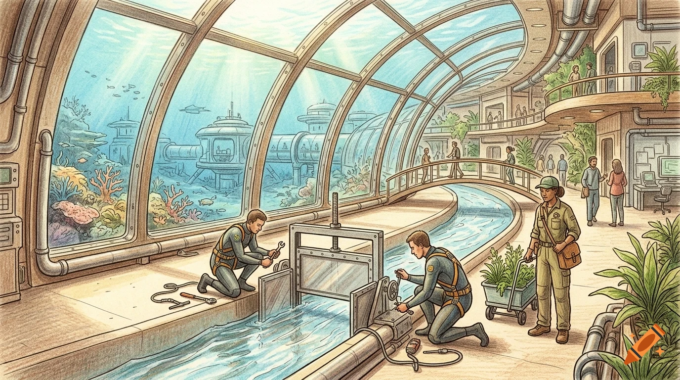 An illustrated interior view of a futuristic underwater habitat with people working, large curved glass windows showing marine life and exterior structures, and indoor plant life.