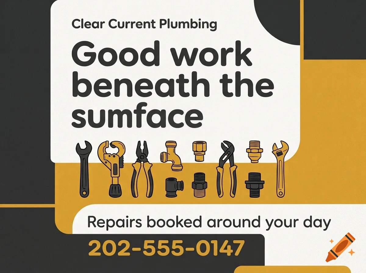 An advertisement for Clear Current Plumbing featuring tools and plumbing fixtures with text reading Good work beneath the surface.