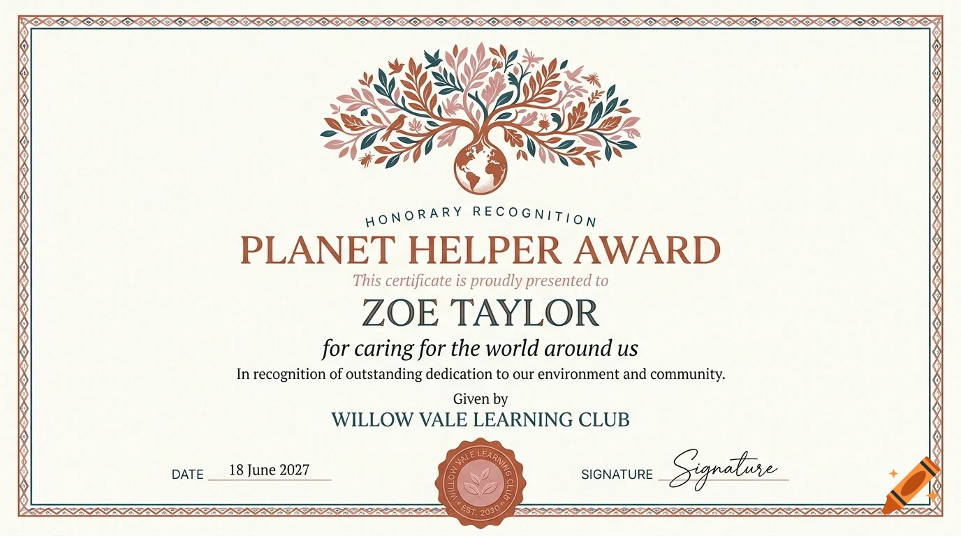 Planet Helper Award certificate presented to Zoe Taylor by Willow Vale Learning Club, featuring an illustration of a tree and globe at the top.