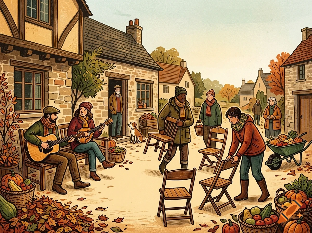 An illustrated village scene in autumn with people gathered, playing music, carrying chairs, and surrounded by stone cottages, baskets of apples, and pumpkins.