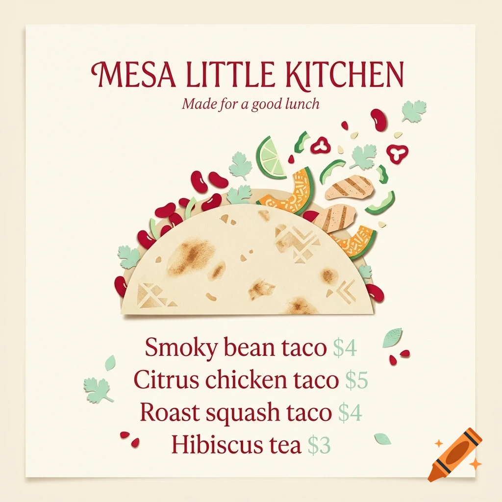 A menu design for Mesa Little Kitchen featuring an illustration of a taco with ingredients floating above it and prices listed below.