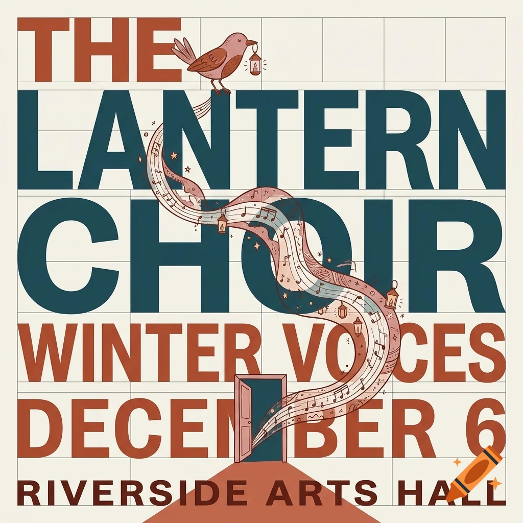 A poster design for 'The Lantern Choir' featuring a bird carrying a lantern and musical notes flowing through bold typography.
