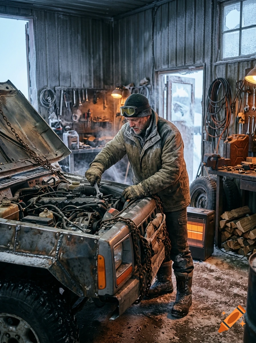Photorealistic image of a mechanic in a winter workshop repairing a car engine.