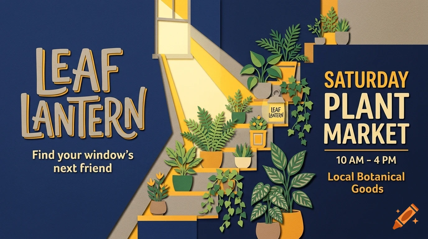 An illustrated poster for a Saturday plant market featuring potted plants on steps, text reading LEAF LANTERN and SATURDAY PLANT MARKET, and a beam of light from a window.