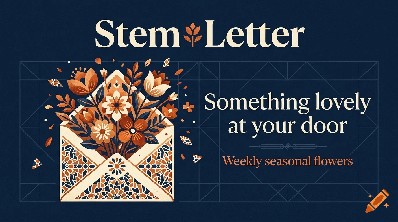 An illustrated envelope overflowing with flowers against a dark blue background with text reading 'Stem Letter' and 'Something lovely at your door'.