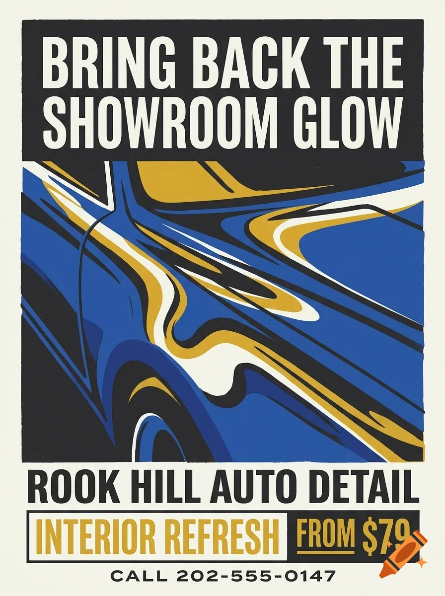 An advertisement poster for Rook Hill Auto Detail featuring an abstract blue and gold illustration of a car and text reading Bring back the showroom glow.
