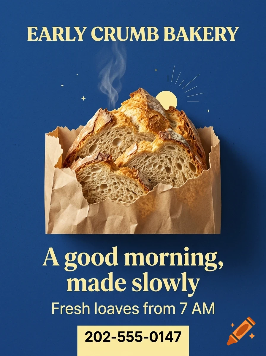 A poster for Early Crumb Bakery featuring a paper bag of freshly sliced bread against a blue background with text.