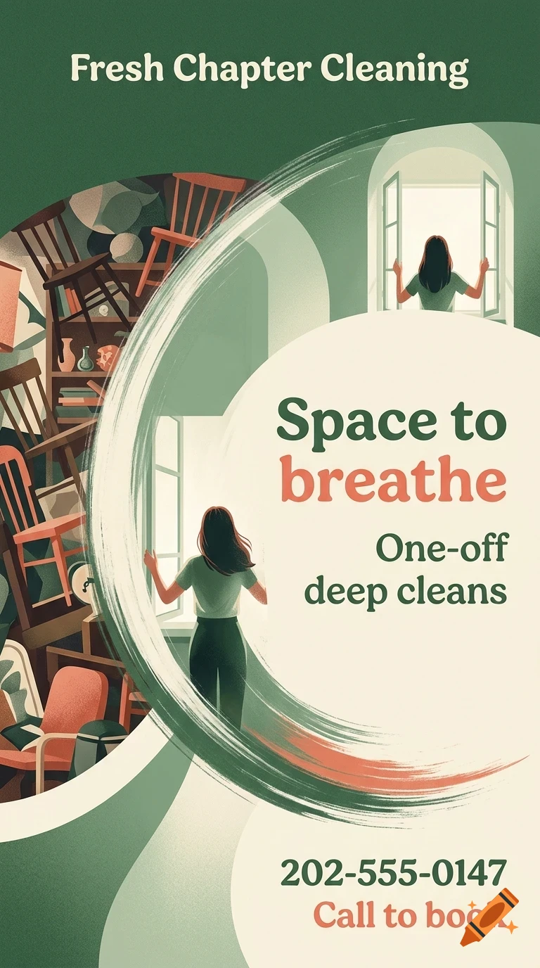 An advertisement for cleaning services featuring a woman looking out a clean window next to a messy pile of furniture, with text reading Fresh Chapter Cleaning and Space to breathe.