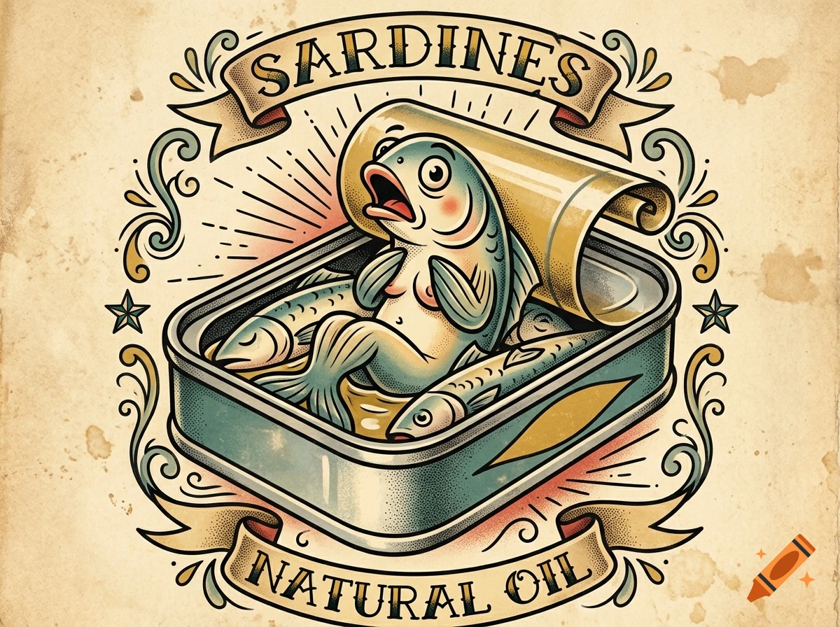 Vintage tattoo style illustration of an open sardine tin featuring a humanoid sardine hiding its chest with its fins, with text reading SARDINES and NATURAL OIL.