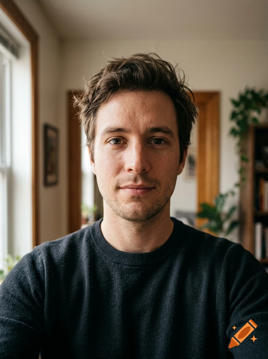 Photorealistic selfie portrait of a young man with brown hair and stubble, wearing a dark sweater inside a brightly lit room.